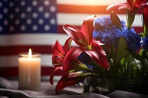 ai generado un americano bandera desplegado siguiente a un fila de flores y velas en un patriota día escena de unidad. generativo ai foto