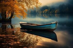 AI generated Reflection of a boat in still lake waters. Generative AI photo