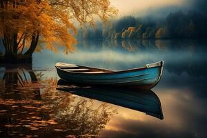 ai generado reflexión de un barco en todavía lago aguas generativo ai foto