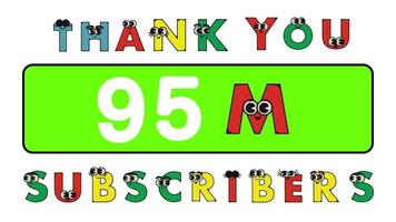 Thank you 95 million subscribers social sites post. Thank you followers congratulation cartoon alphabet animation video. video