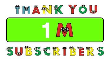 obrigado você 1 milhão assinantes social sites publicar. obrigado você seguidores parabéns desenho animado alfabeto animação vídeo. video