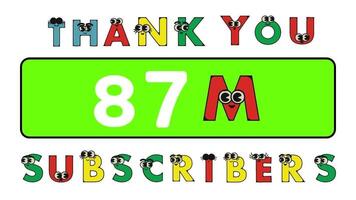 dank u 87 miljoen abonnees sociaal sites na. dank u volgers felicitatie tekenfilm alfabet animatie video. video