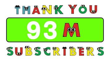 dank u 93 miljoen abonnees sociaal sites na. dank u volgers felicitatie tekenfilm alfabet animatie video. video