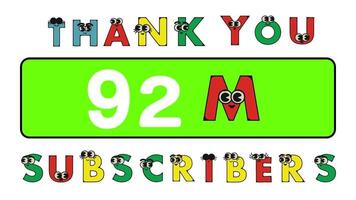 dank u 92 miljoen abonnees sociaal sites na. dank u volgers felicitatie tekenfilm alfabet animatie video. video