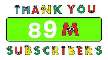 Thank you 89 million subscribers social sites post. Thank you followers congratulation cartoon alphabet animation video. video