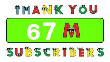 dank u 67 miljoen abonnees sociaal sites na. dank u volgers felicitatie tekenfilm alfabet animatie video. video