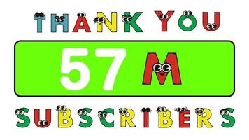dank u 57 miljoen abonnees sociaal sites na. dank u volgers felicitatie tekenfilm alfabet animatie video. video