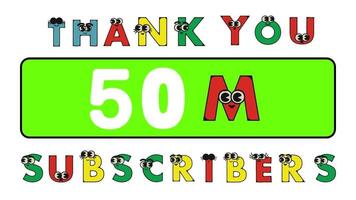 gracias usted 50 millón suscriptores social sitios correo. gracias usted seguidores felicidades dibujos animados alfabeto animación video. video