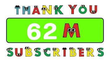 gracias usted 62 millón suscriptores social sitios correo. gracias usted seguidores felicidades dibujos animados alfabeto animación video. video