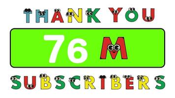 Thank you 76 million subscribers social sites post. Thank you followers congratulation cartoon alphabet animation video. video