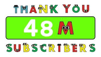 dank u 48 miljoen abonnees sociaal sites na. dank u volgers felicitatie tekenfilm alfabet animatie video. video