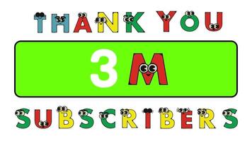 gracias usted 3 millón suscriptores social sitios correo. gracias usted seguidores felicidades dibujos animados alfabeto animación video. video
