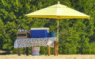 Palms parasols sun loungers beach waves Puerto Escondido Mexico. photo