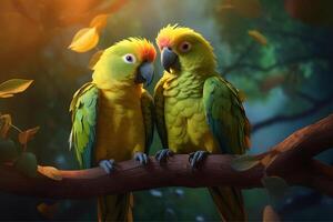 AI generated pare of a colorful parrots in the tropics photo