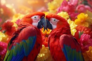 AI generated pare of a colorful parrots in the tropics photo