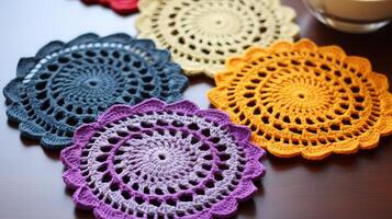 AI generated Crocheted coasters in intricate patterns. Generative AI photo