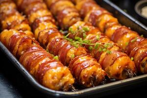 AI generated Close up of bacon wrapped tater tots on a serving tray. Generative AI photo