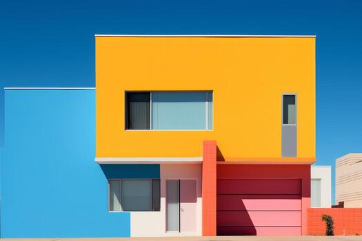 AI generated A multicolored building with a red car parked in front of it. Generative AI photo