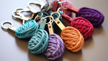 AI generated Colorful yarn wrapped keychains. Generative AI photo