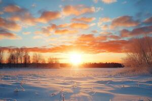 ai generado maravilloso puesta de sol terminado un cubierto de nieve campo. generativo ai foto