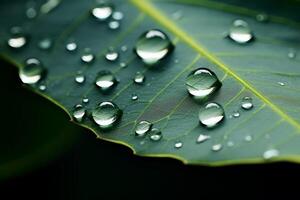 AI generated A close up of water droplets on a leaf, catching the light in a delicate balance. Generative AI photo