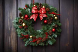 AI generated Festive christmas wreath hanging on a rustic wooden wall. Generative AI photo