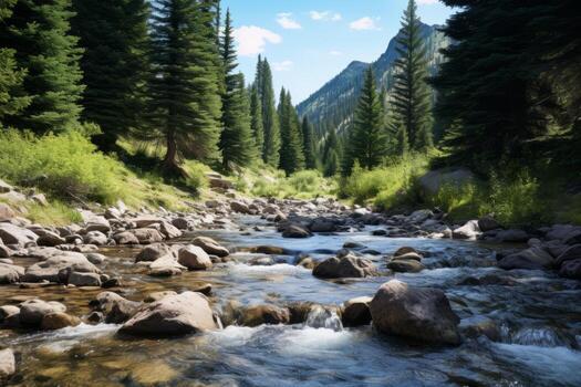 ai generado prístino montaña corriente fluido mediante rocoso terreno. generativo ai foto