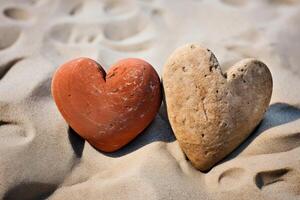 AI generated Three heart shaped rocks on a sandy beach. Generative AI photo