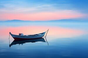 AI generated Serene water scene with a lone boat floating on a calm sea. Generative AI photo