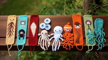 AI generated Crocheted bookmarks in various motifs. Generative AI photo