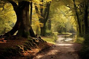 ai generado otoño hojas en un bosque camino con moteado ligero. generativo ai foto