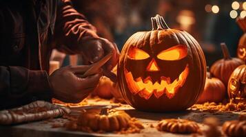 AI generated Close-up of a person's hands carving a pumpkin. Generative AI photo