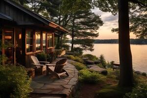 AI generated A peaceful lakeside cabin with views of a tranquil bay. Generative AI photo
