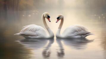 ai generado dos cisnes son nadando en el agua juntos. generativo ai foto