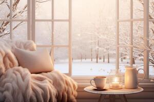 ai generado acogedor invierno escena Bosquejo con un frazada, un taza de cacao, y escarchado ventana Encendiendo. generativo ai foto