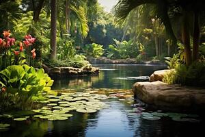 AI generated Tranquil pond surrounded by lush vegetation, an inviting natural view. Generative AI photo