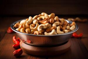 AI generated Cashew nuts in a stainless steel bowl. Generative AI photo