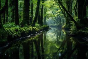 AI generated Verdant forest and still waters reflecting the surrounding beauty. Generative AI photo