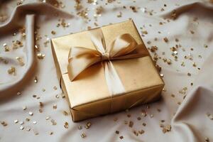 AI generated A gift box wrapped in elegant gold paper. Generative AI photo