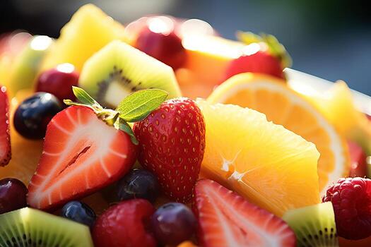 ai generado un de cerca de un Fresco Fruta ensalada en el Dom. generativo ai foto