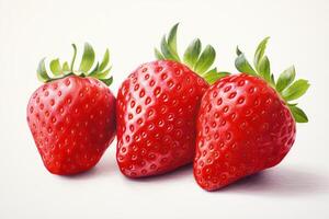 AI generated Three fresh strawberries on a white surface. Generative AI photo