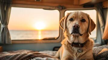 AI generated A beautiful adult golden retriever sits in a campervan with sunset and the sea on the background, a happy dog travels in the summer with its owners. photo