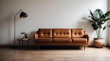 AI generated Beautiful mid-century minimalistic white wall mockup of room interior with the retro interior design, sofa, lamp, table, tropical plant in pot, copy space on the white wall. photo