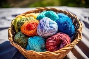 AI generated A basket of eco-friendly yarn made from recycled fibers. Generative AI photo