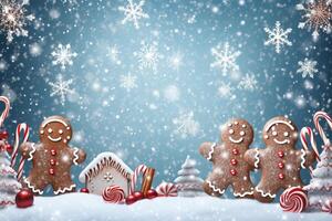 ai generado festivo Navidad escena con vistoso pan de jengibre galletas y caramelo bastones generativo ai foto