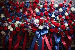 AI generated A Patriot Day tribute wall adorned with American flag ribbons and flowers. Generative AI photo