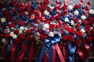 AI generated A Patriot Day tribute wall adorned with American flag ribbons and flowers. Generative AI photo