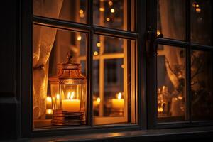 AI generated A close-up of a candlelit window during twilight. Generative AI photo