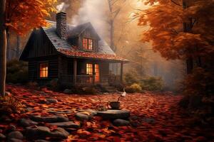 AI generated Cozy cabin with smoke rising from the chimney, surrounded by a carpet of fallen leaves, epitomizing autumn charm. Generative AI photo