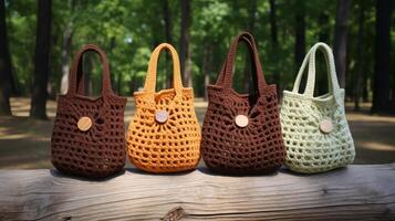 AI generated Crocheted market bags in eco-friendly yarn. Generative AI photo